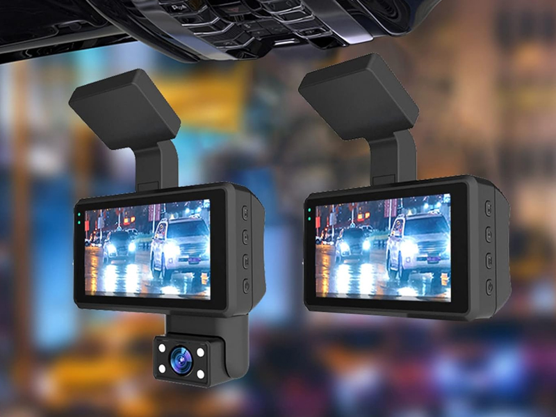 Two dash camera DVR screens displaying road footage