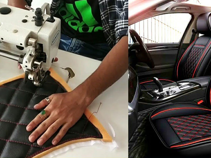 Seat cover being stitched next to finished black and red seats